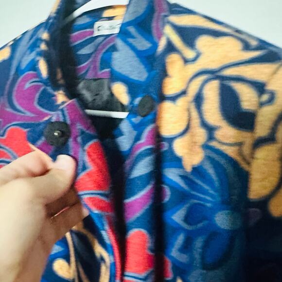 Vintage YaZhuang Floral Blue Tan Red Front Pocket Blazer Long Jacket Size Large - Picture 10 of 14